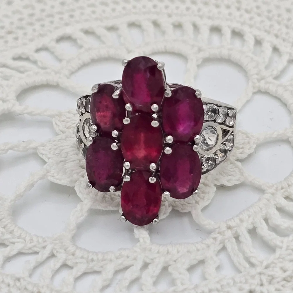 925 Cluster Ring Sterling Silver Red Colored Gemstone Flower Size 5